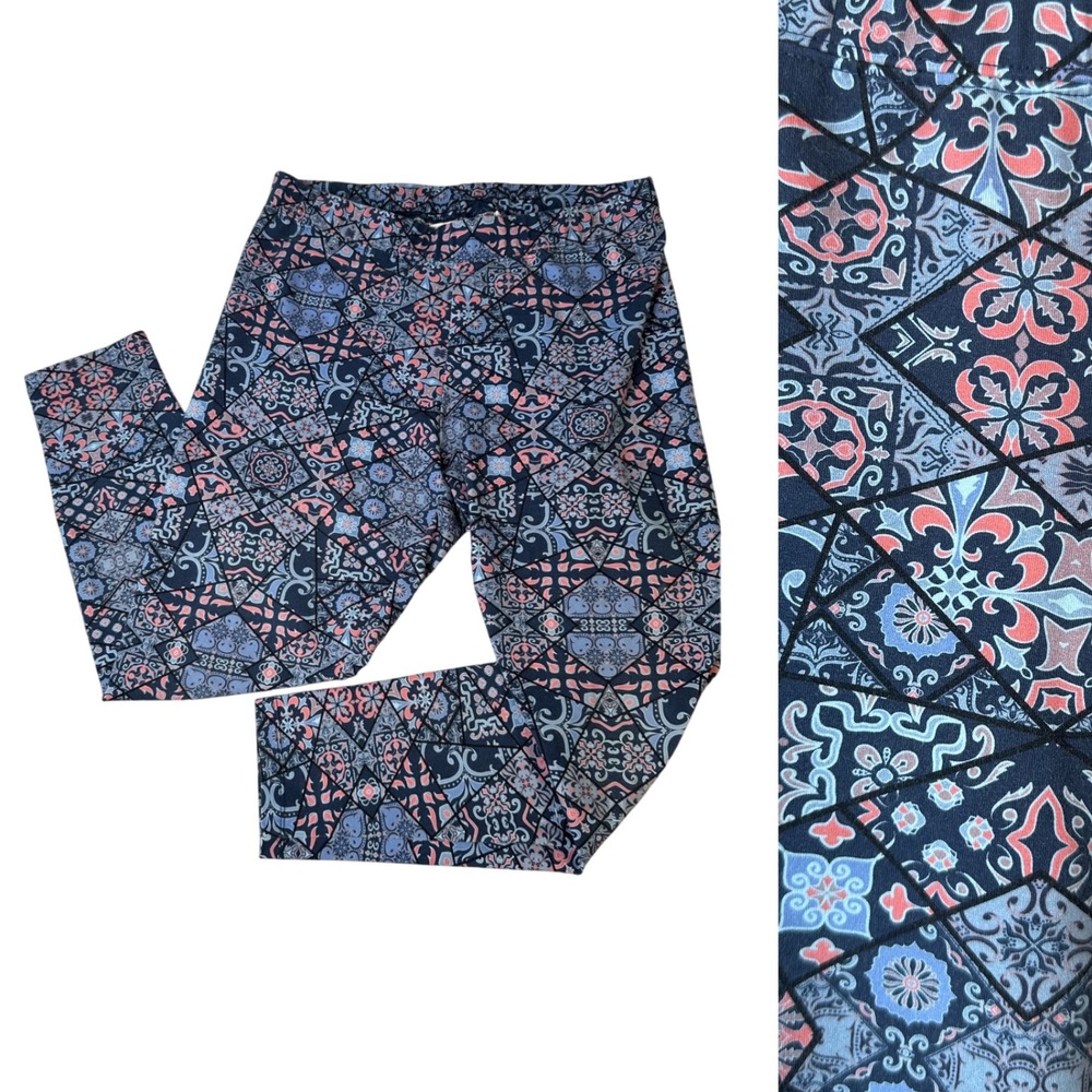 Soft Surroundings Cropped Leggings Women's Petite PM Blue Pink Mosaic Tile Print
